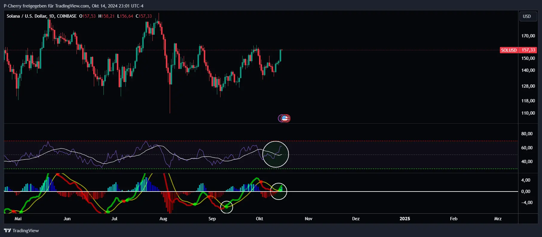 Solana, RSI und MACD, Tageschart, Quelle: Tradingview