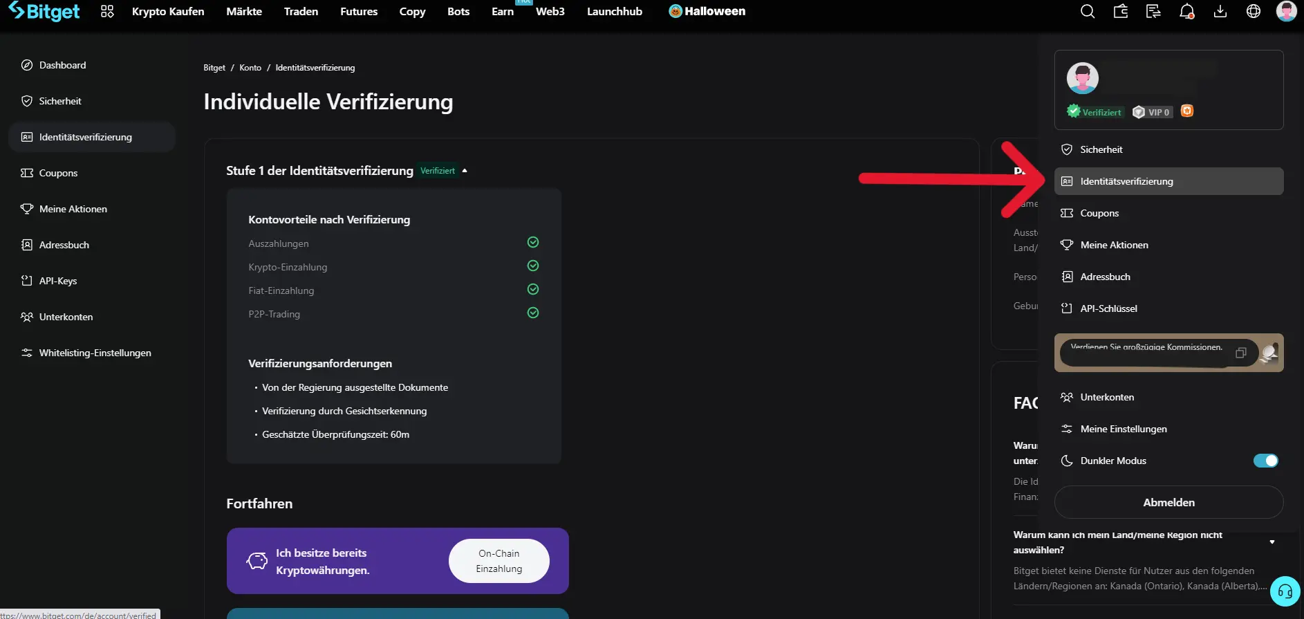 Screenshot zur Verifizierung der Identität bei Bitget