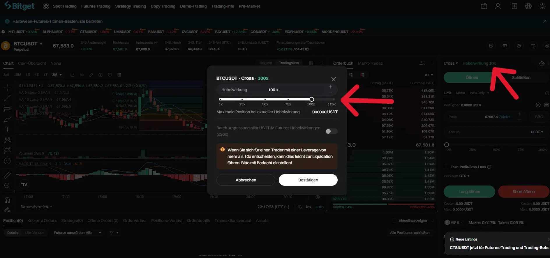 Hier kannst Du den Hebel beim Bitget Futures-Trading einstellen.