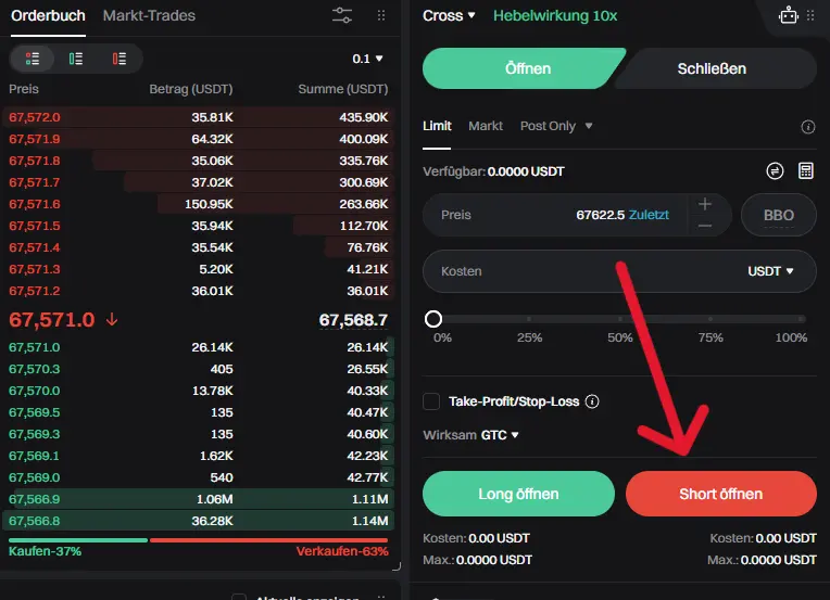 Eine Short-Position kannst Du ganz einfach über den roten Button »Short eröffnen« erstellen. Beachte, dass dies nicht im Spot-Trading möglich ist. 