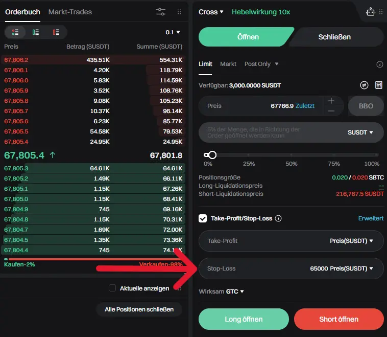 An dieser Stelle kannst Du Deinen Stop-Loss einstellen