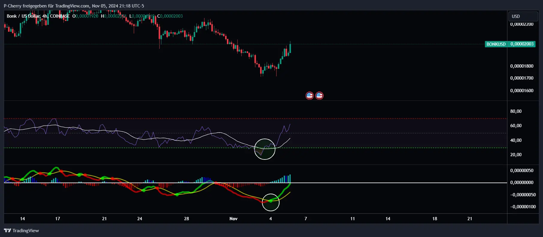 BONK, RSI und MACD, 4-Stundenchart, Quelle: Tradingview