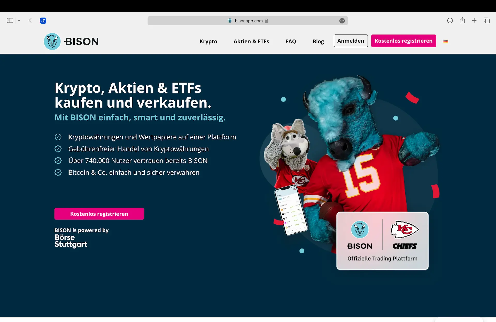 Startseite der Krypto-Börse Bison