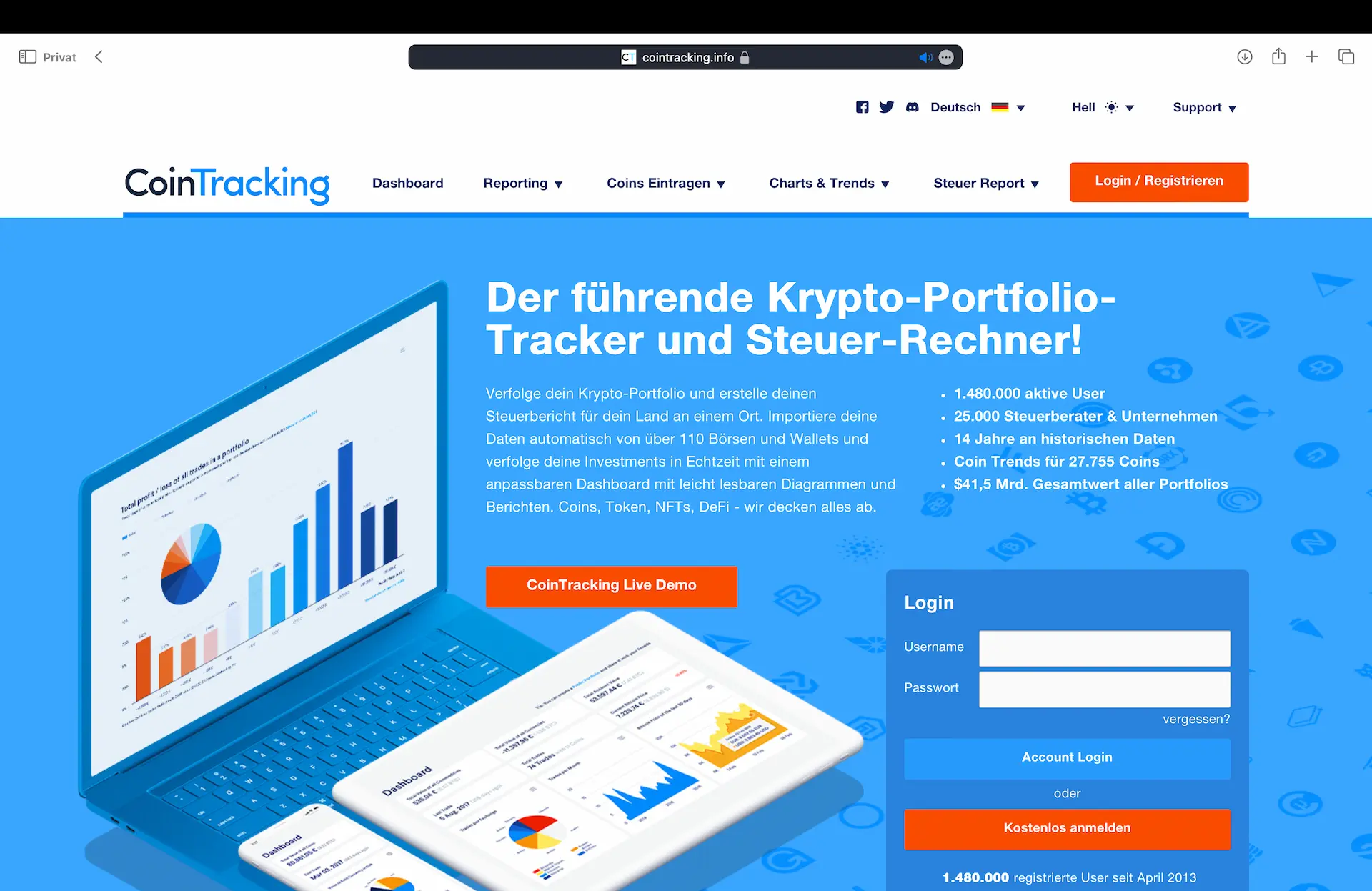 CoinTracking Startseite am Desktop