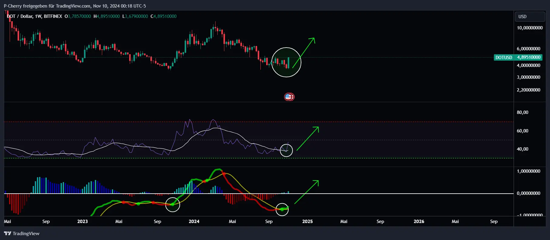 DOT-Kurs, RSI und MACD, Wochenchart, Quelle: Tradingview