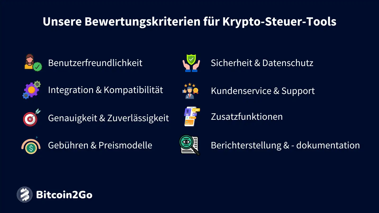 Unsere Bewertungskriterien für Krypto-Steuer-Tools