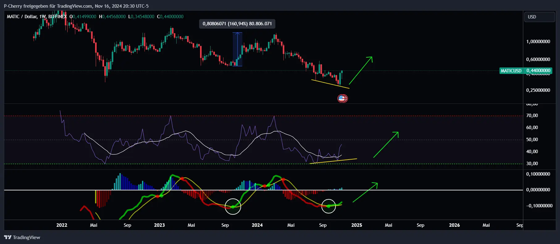 POL-Kurs, RSI und MACD, Wochenchart, Quelle: Tradingview