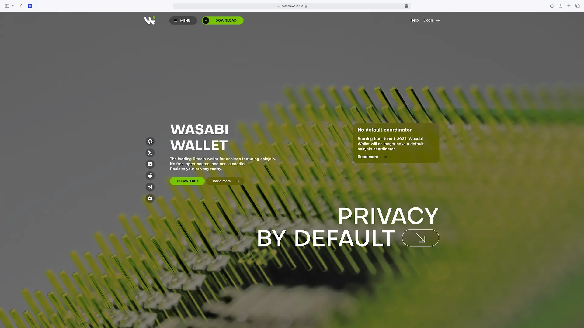 Screenshot der Startseite der Wasabi Wallet als Bitcoin Mixer