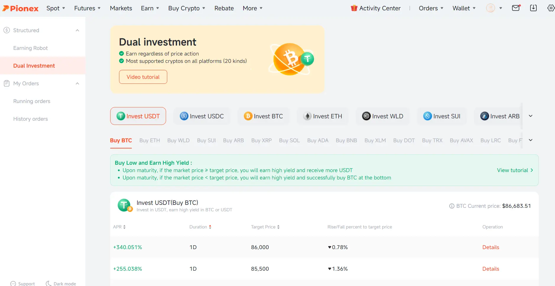 Pionex bietet auch ein Video-Tutorial für Dual Investment an.