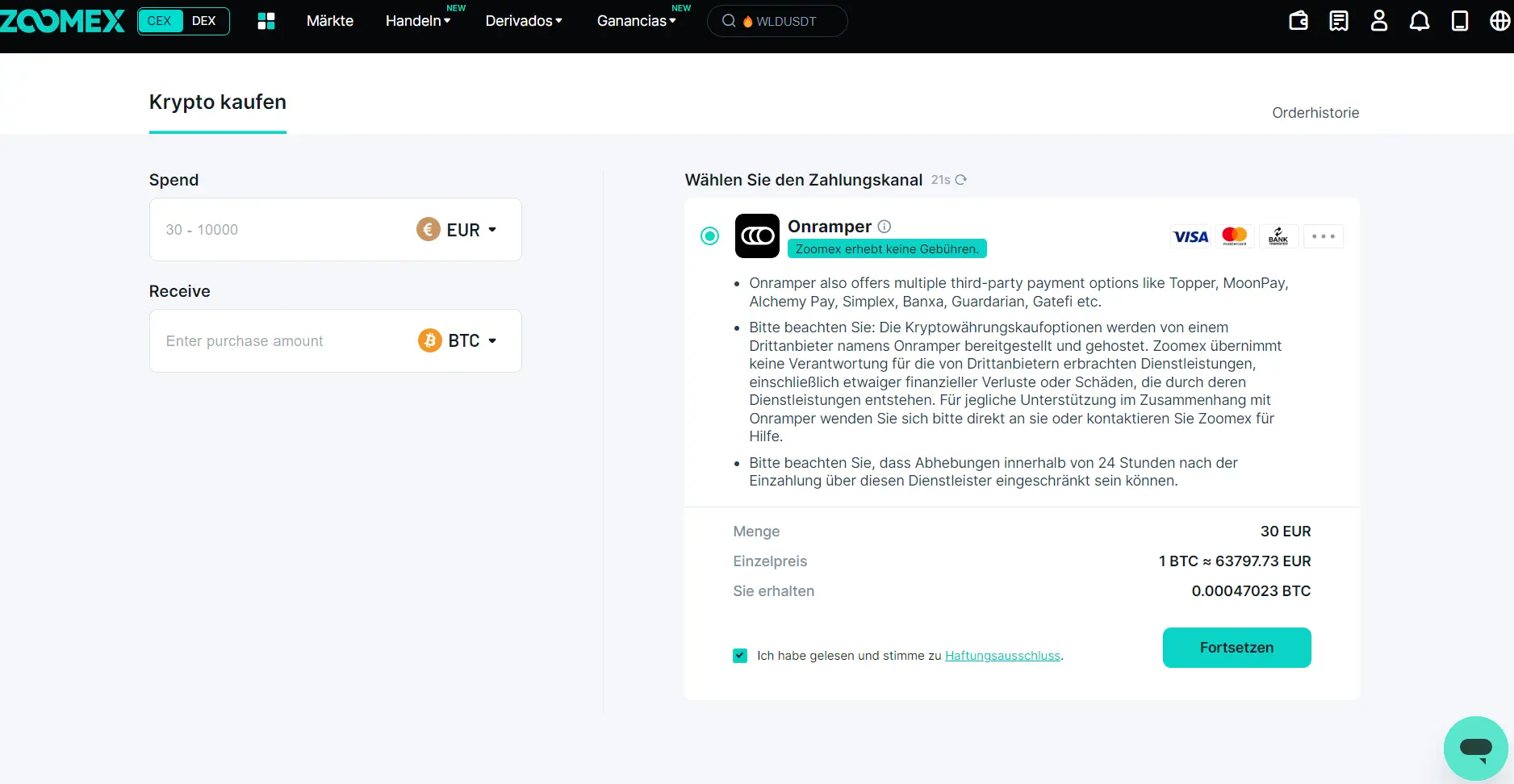 Fiateinzahlungen sind bei Zoomex über Drittanbieter möglich