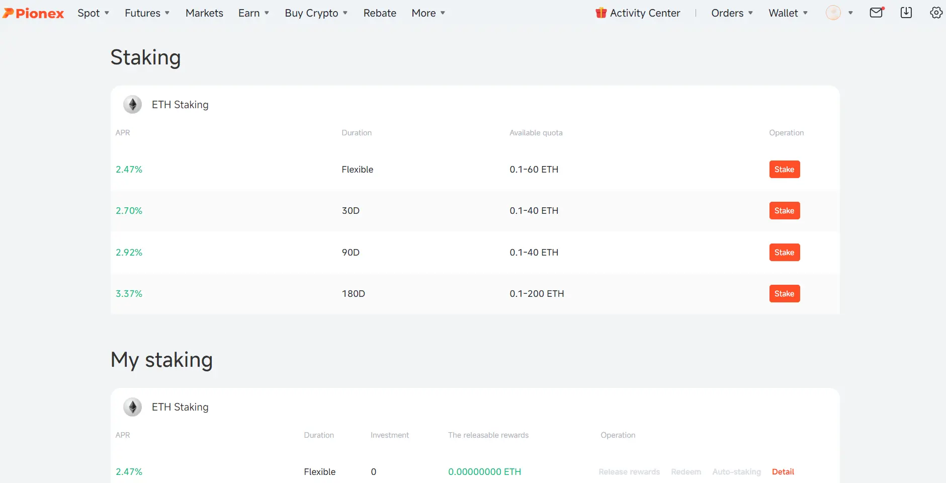 Pionex bietet verschiedene Optionen für das ETH-Staking an.