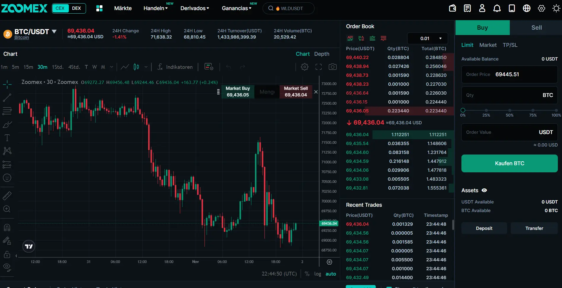 Wähle oben links das gewünschte Handelspaar aus, z. B. BTC/USDT, je nachdem, welche Kryptowährung Du kaufen möchtest.