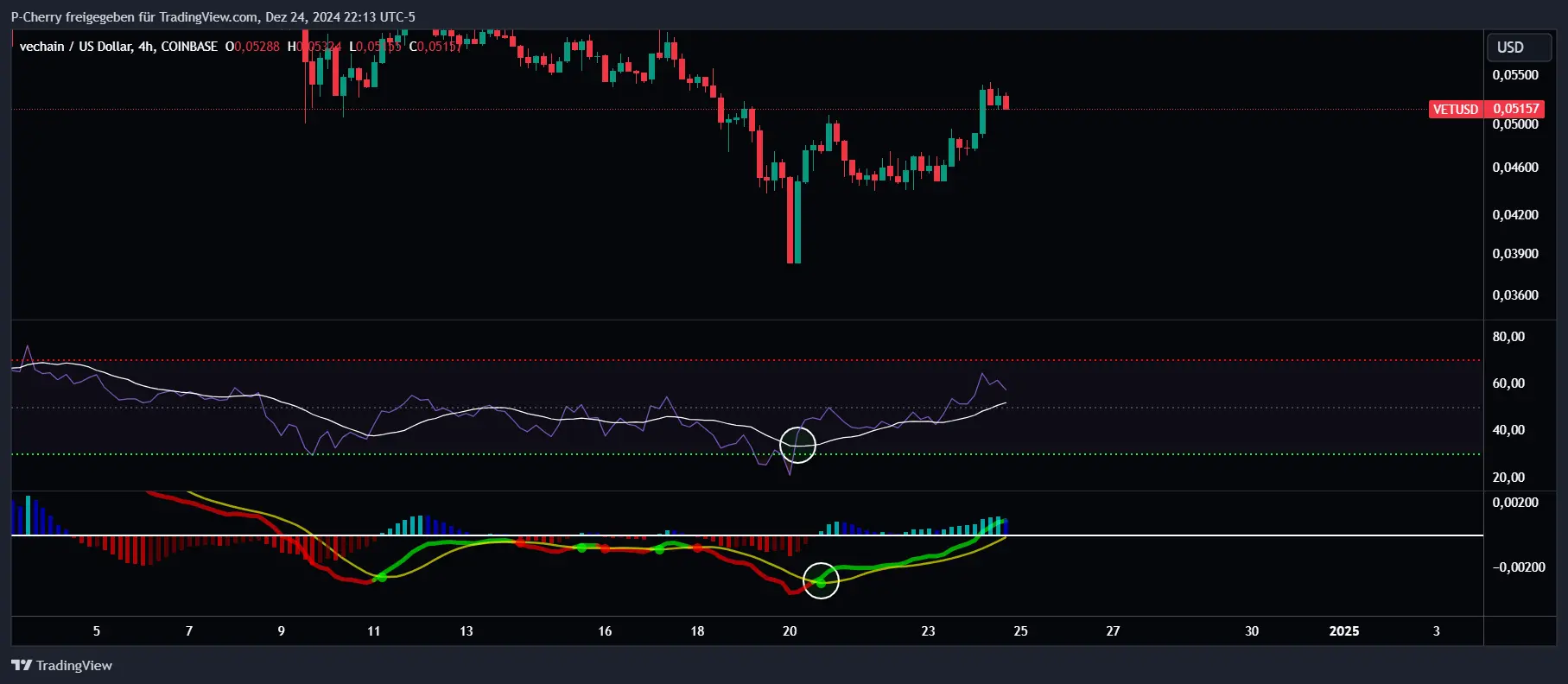 VET-Kurs, RSI und MACD, 4-Stundenchart, Quelle: Tradingview