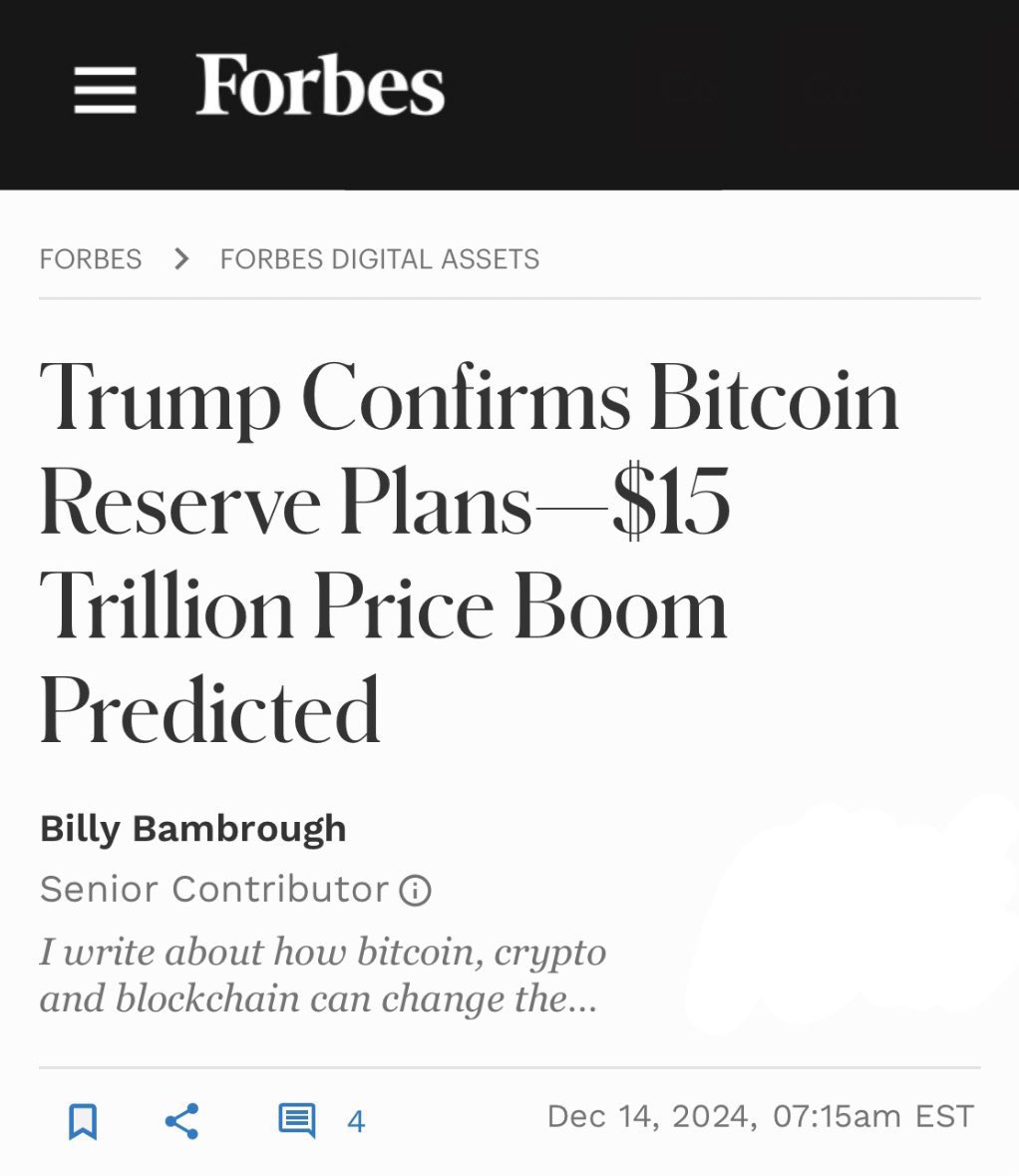 Forbes Artikel zu Trumps Plänen, eine strategische Bitcoin-Reserve in den USA aufzubauen