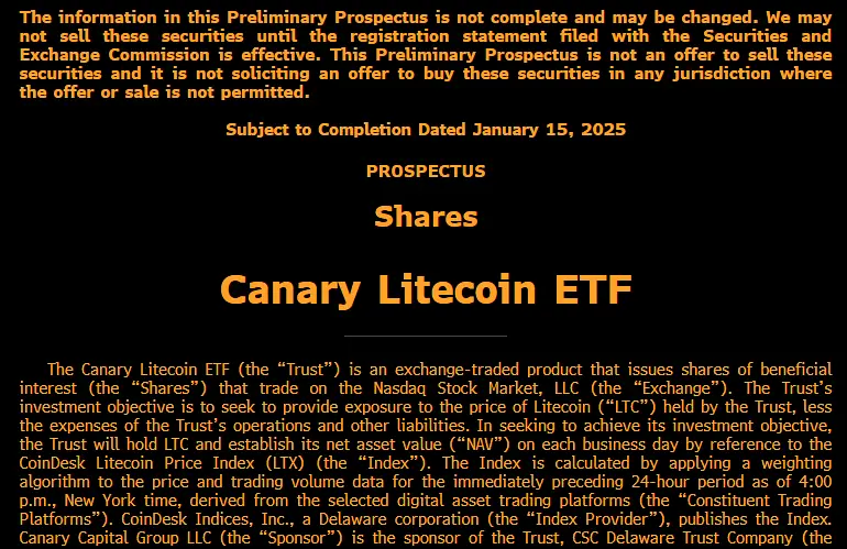 Antragsanpassung Canary Litecoin ETF 15. Januar 2025