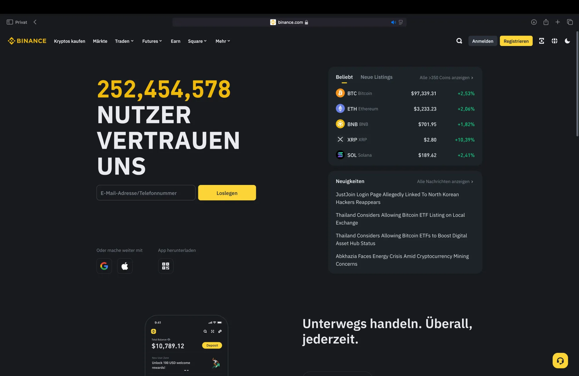 Screenshot der Binance Startseite in deutscher Sprache