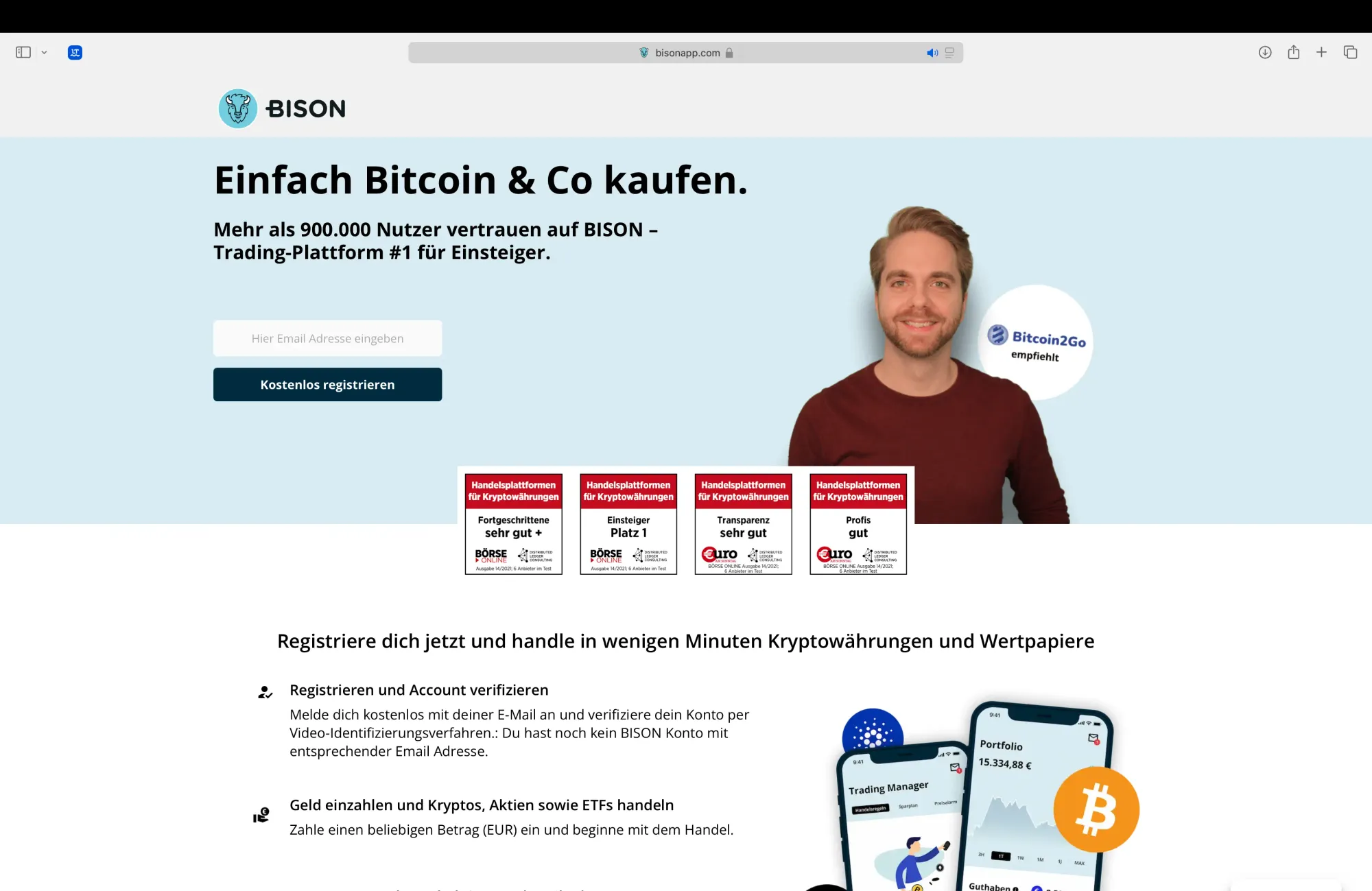 Landingpage der Bison App powered by Börse Stuttgart