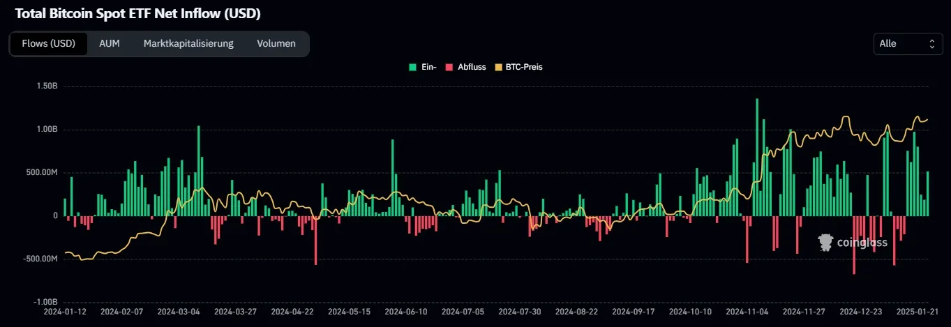 Total Bitcoin Spot ETF Net Inflows, Quelle: Coinglass