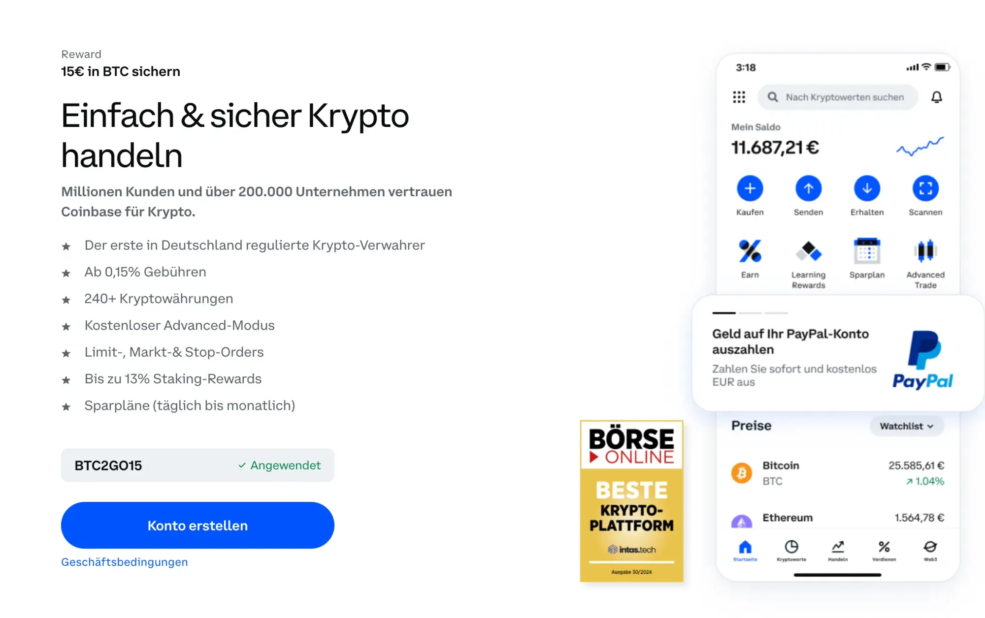 Landingpage der Coinbase Aktion zum 15 Euro Bonus in BTC