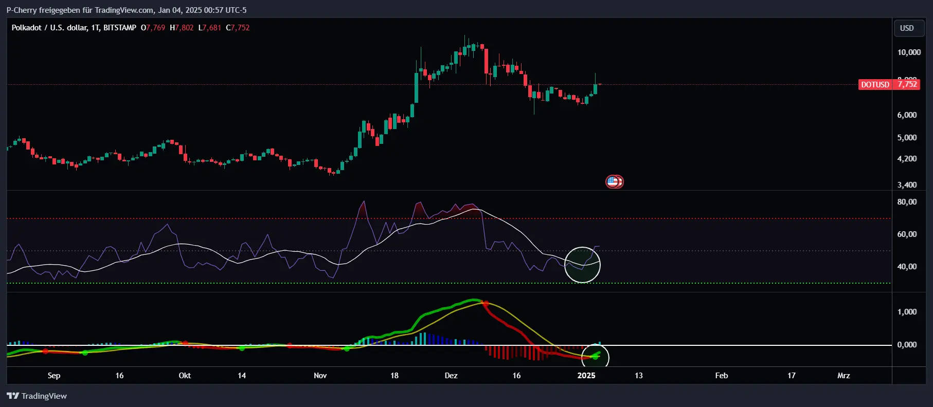 DOT-Kurs, RSI und MACD, Tageschart, Quelle: Tradingview