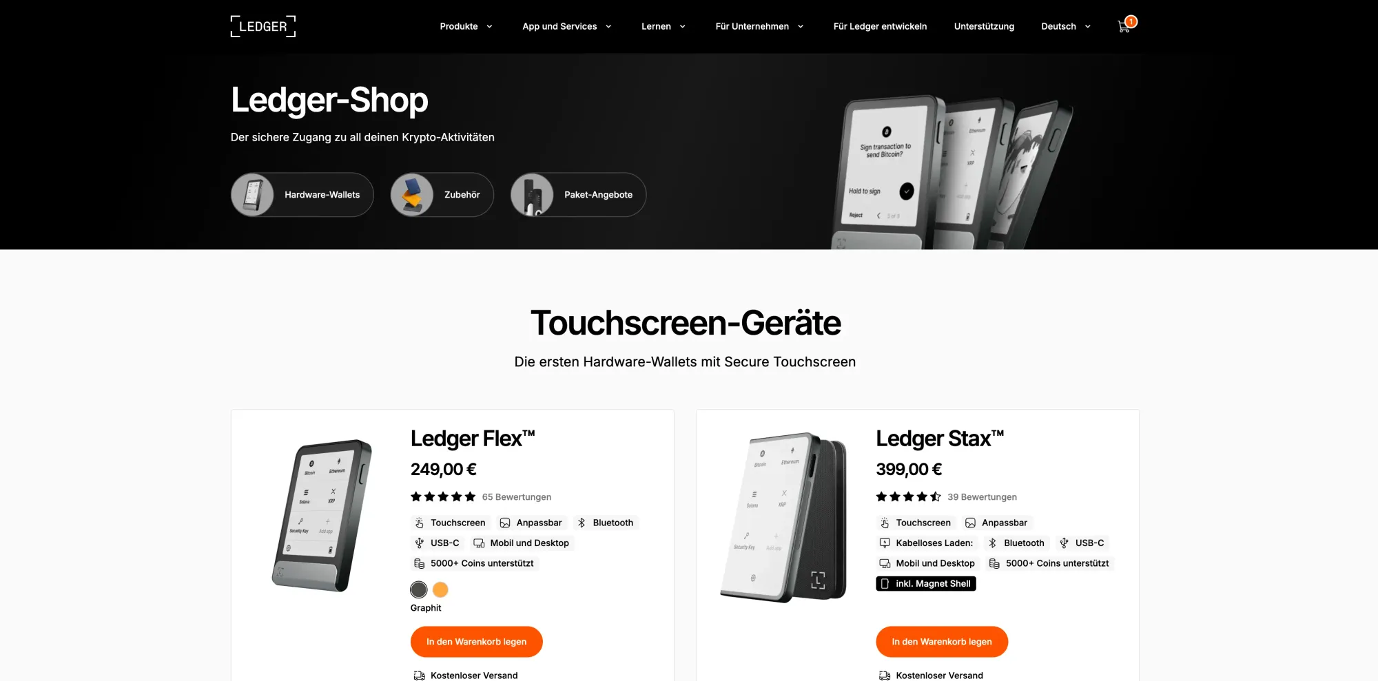 Screenshot des Ledger-Shops in deutscher Sprache