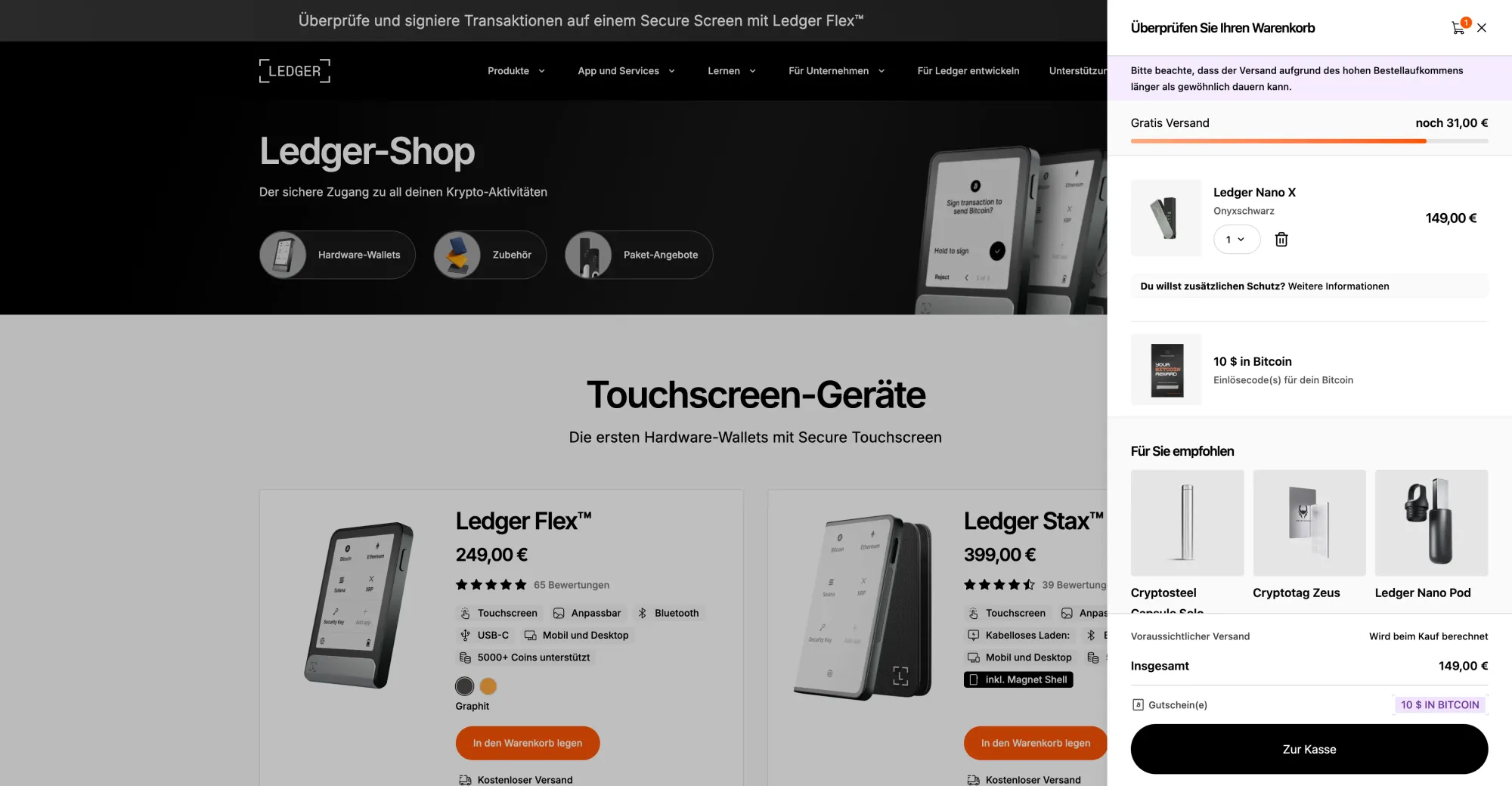 Warenkorb im Ledger Shop mit Ledger Rabattcode in Höhe von 10 US-Dollar