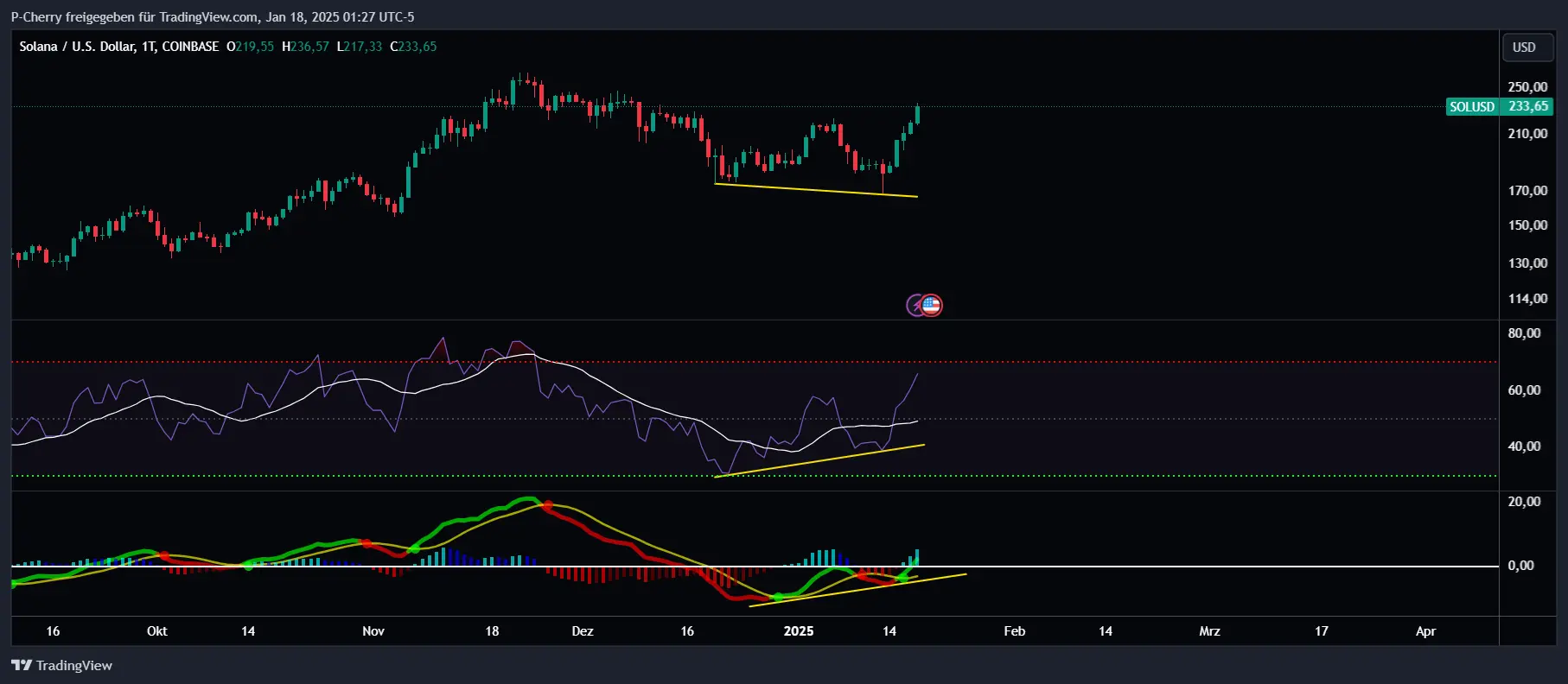 Solana, RSI und MACD, Tageschart, Quelle: Tradingview