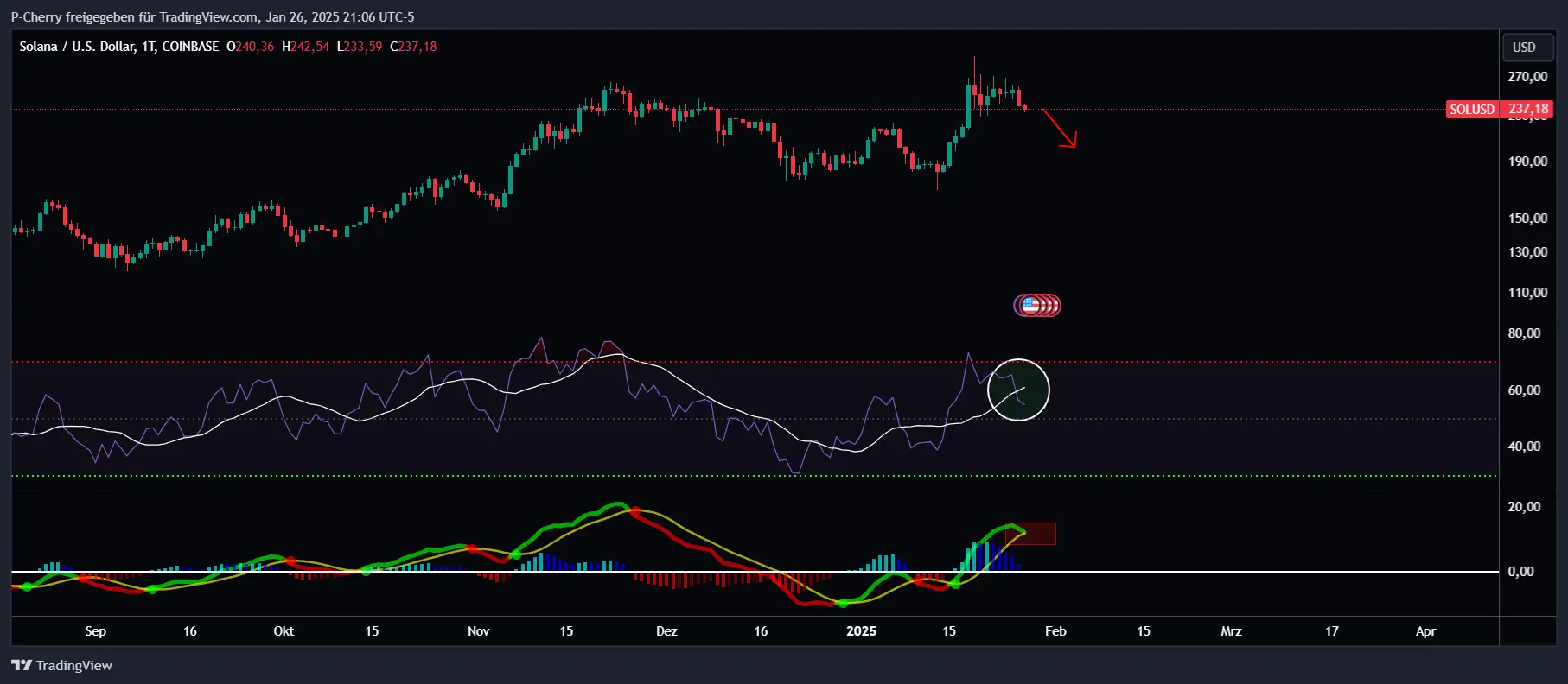 Solana, RSI und MACD, Tageschart, Quelle: Tradingview