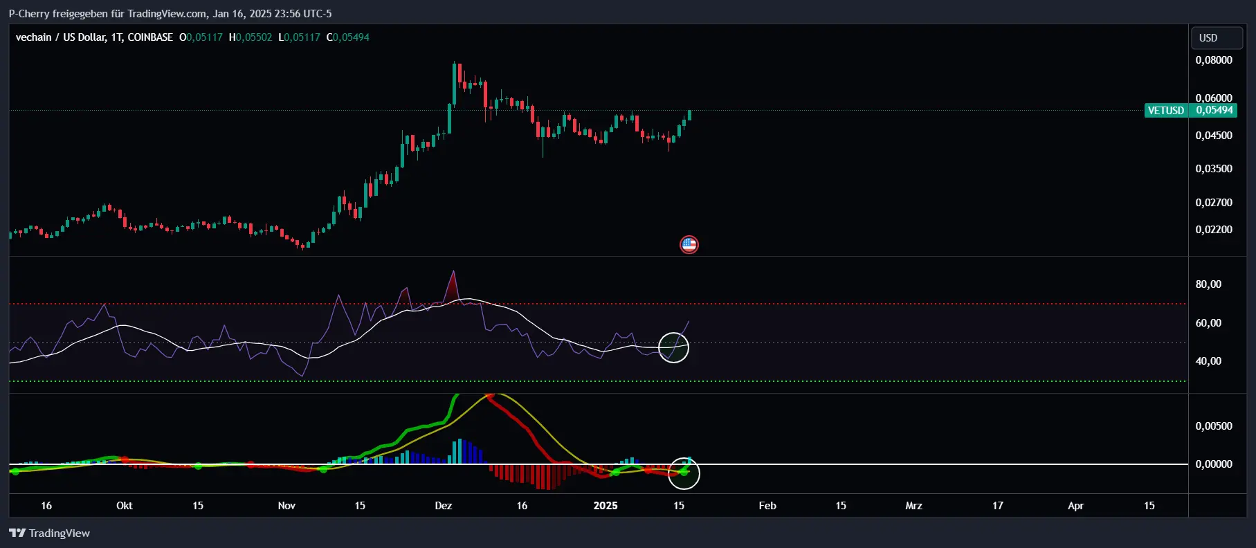 VET-Kurs, RSI und MACD, Tageschart, Quelle: Tradingview