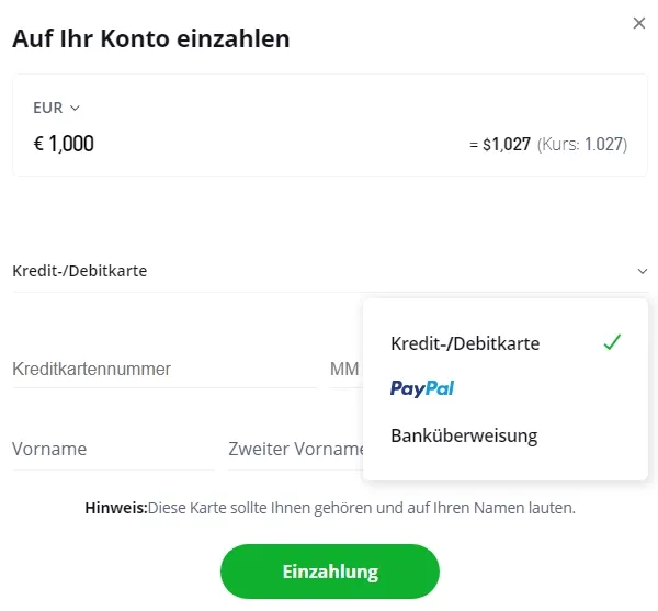 eToro Einzahlungsmöglichkeiten