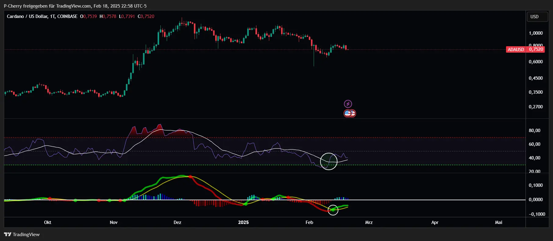 ADA, RSI & MACD, Tageschart, Quelle: Tradingview