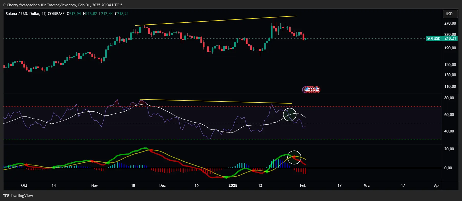 Solana, RSI und MACD, Tageschart, Quelle: Tradingview