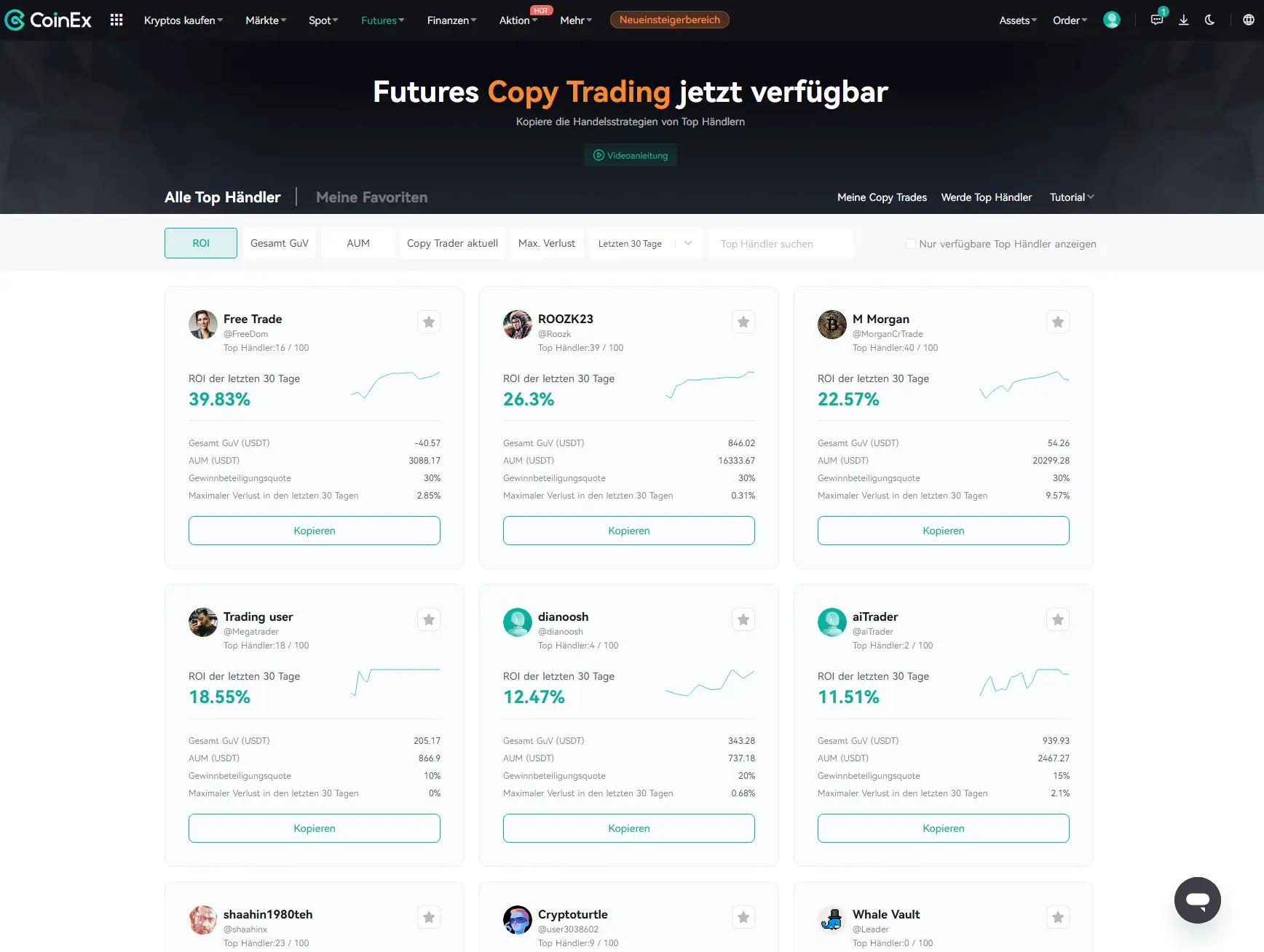 Copy Trading Funktionen von CoinEx im Test