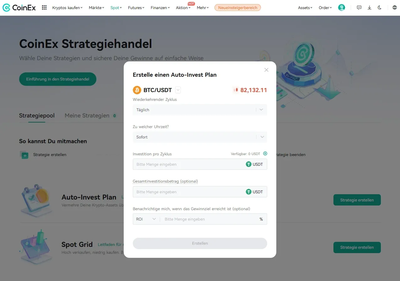 Sparplan bei CoinEx anlegen - Anleitung