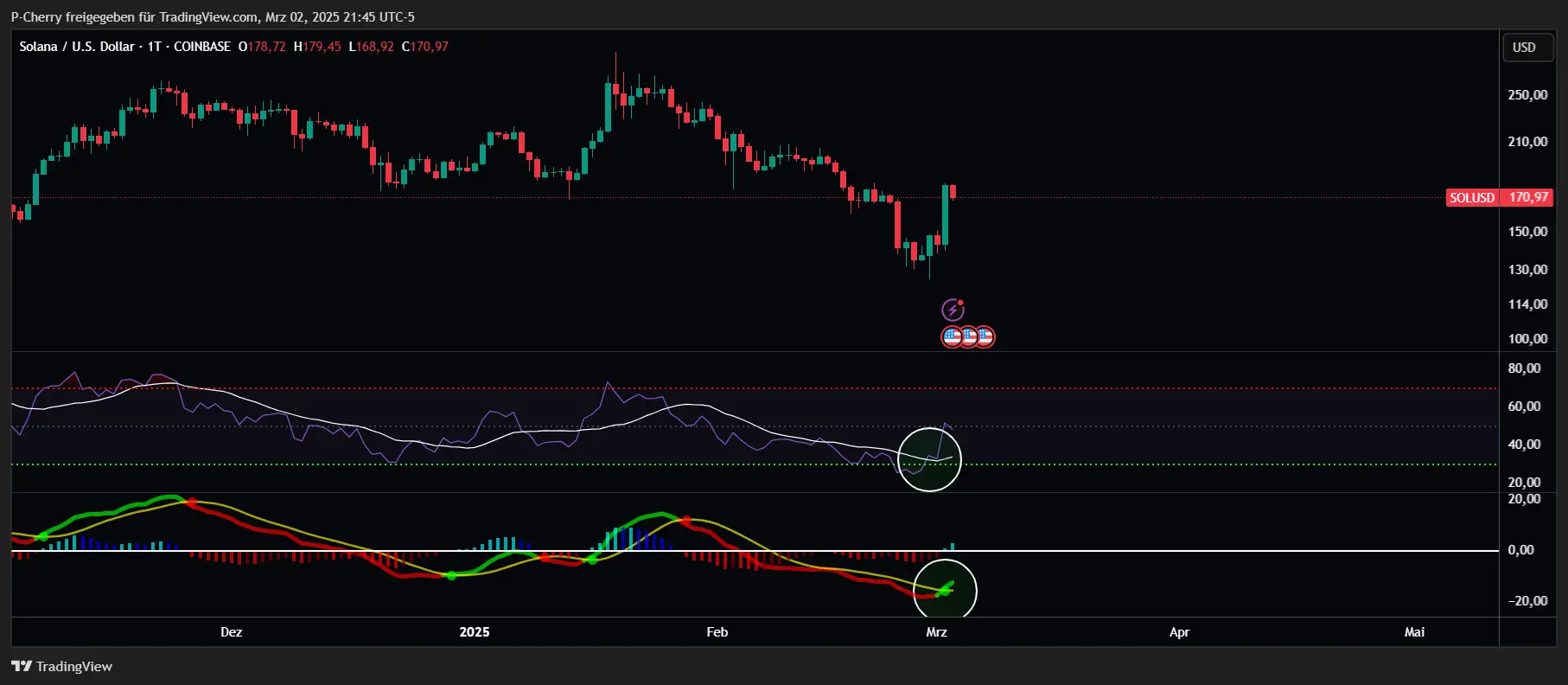 Solana, RSI und MACD, Tageschart, Quelle: Tradingview