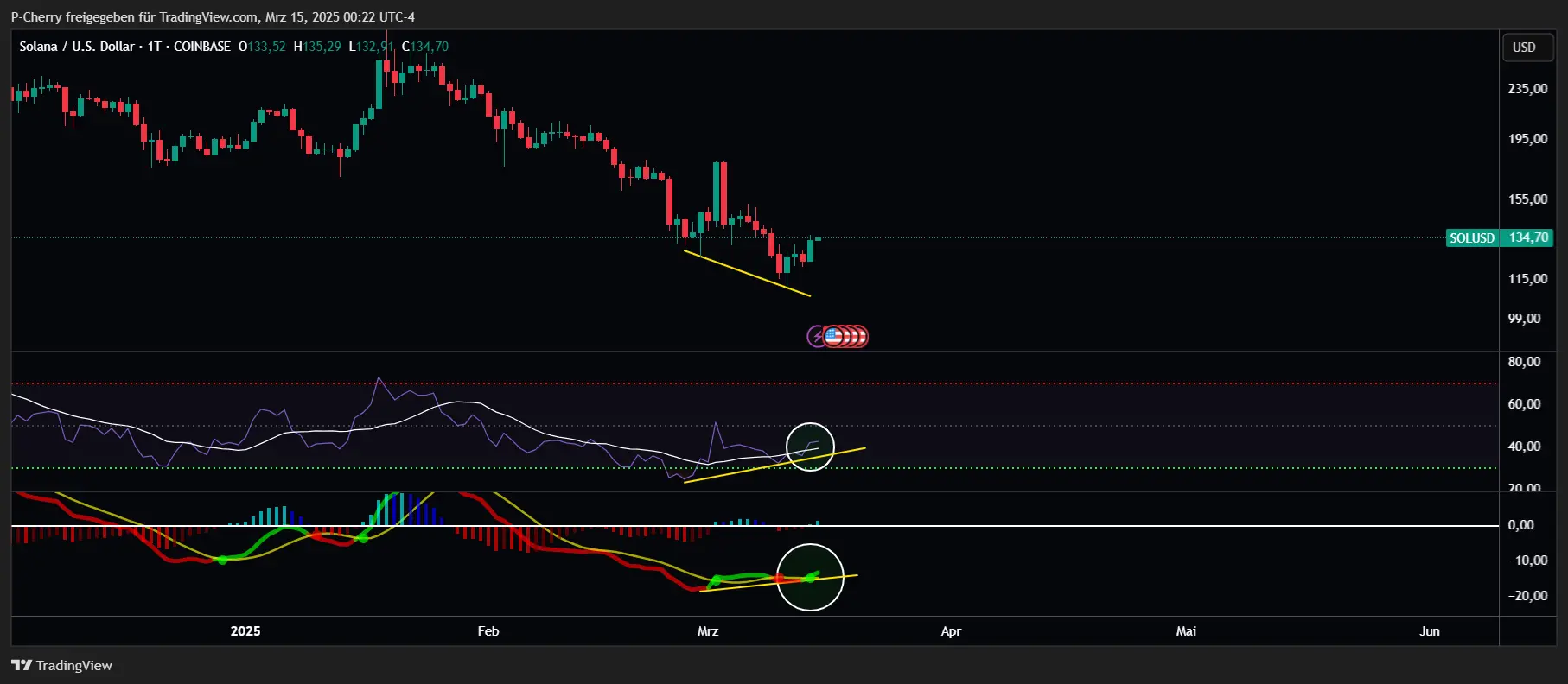 Solana, RSI und MACD, Tageschart, Quelle: Tradingview