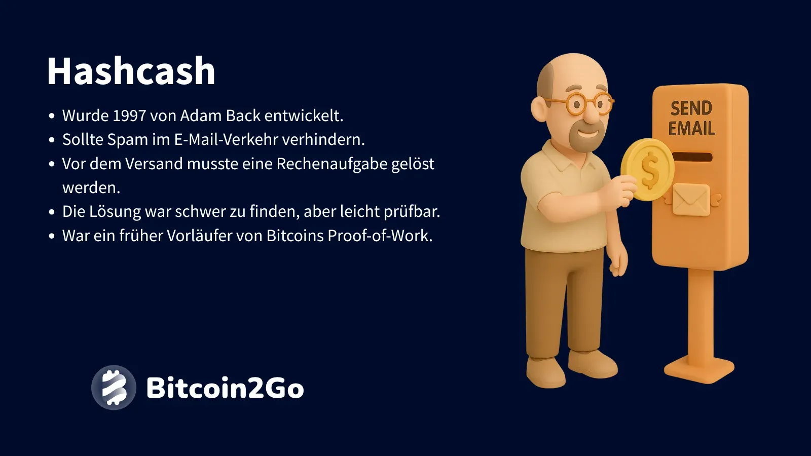 Animierte Figur mit Münze vor einem Briefkasten; daneben Stichpunkte zur Funktionsweise und Geschichte von Hashcash.