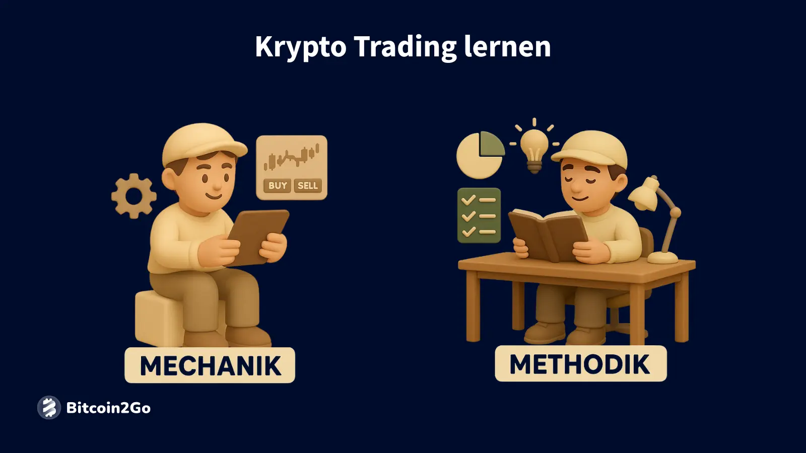3D-Illustration: Figur links mit Tablet (Mechanik), Figur rechts am Schreibtisch mit Buch (Methodik). Titel: „Krypto Trading lernen“.