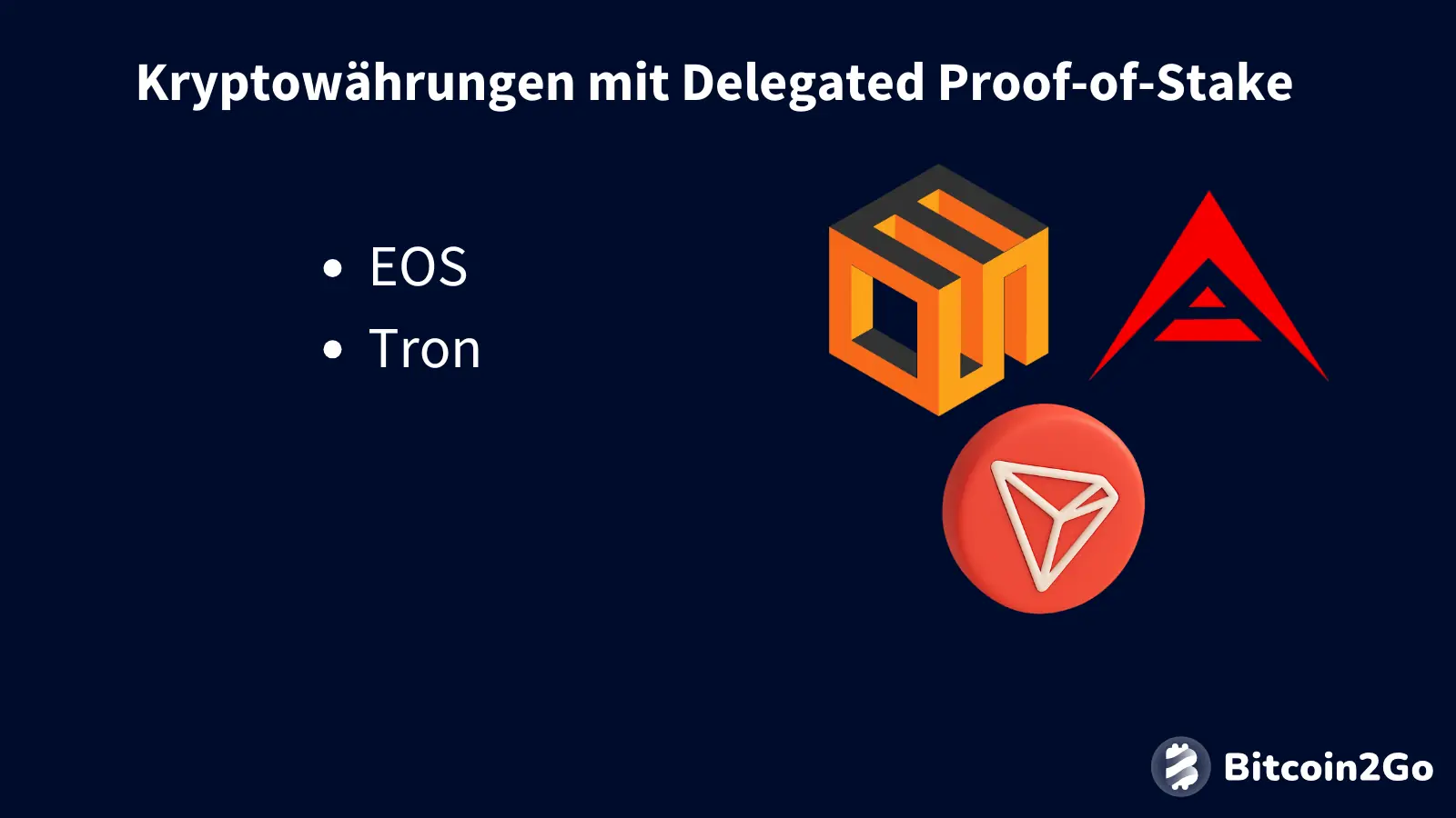 Grafik mit Logos der Kryptowährungen EOS und Tron, die Delegated Proof-of-Stake als Konsensmechanismus nutzen.