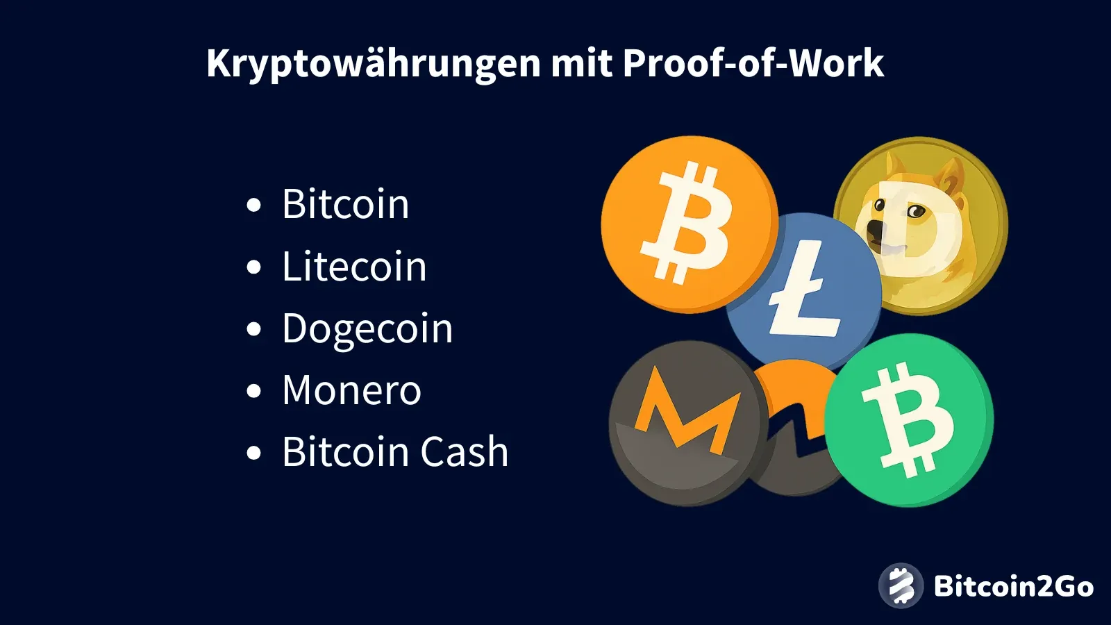 Liste mit Bitcoin, Litecoin, Dogecoin, Monero und Bitcoin Cash, daneben ihre jeweiligen Logos als Icons.