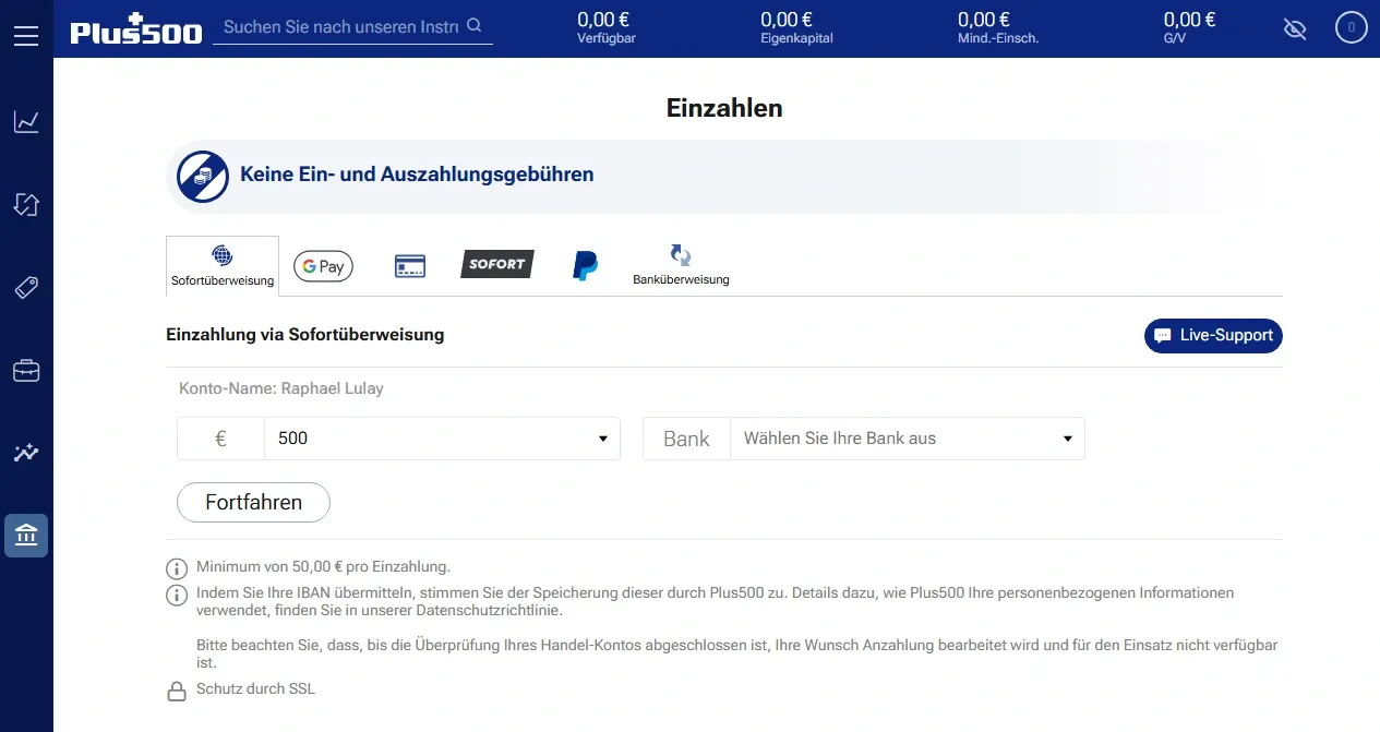 Einzahlung bei Plus500 im Test