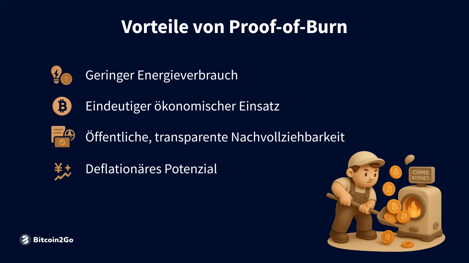 Liste mit Vorteilen wie Transparenz, Effizienz und Deflation.