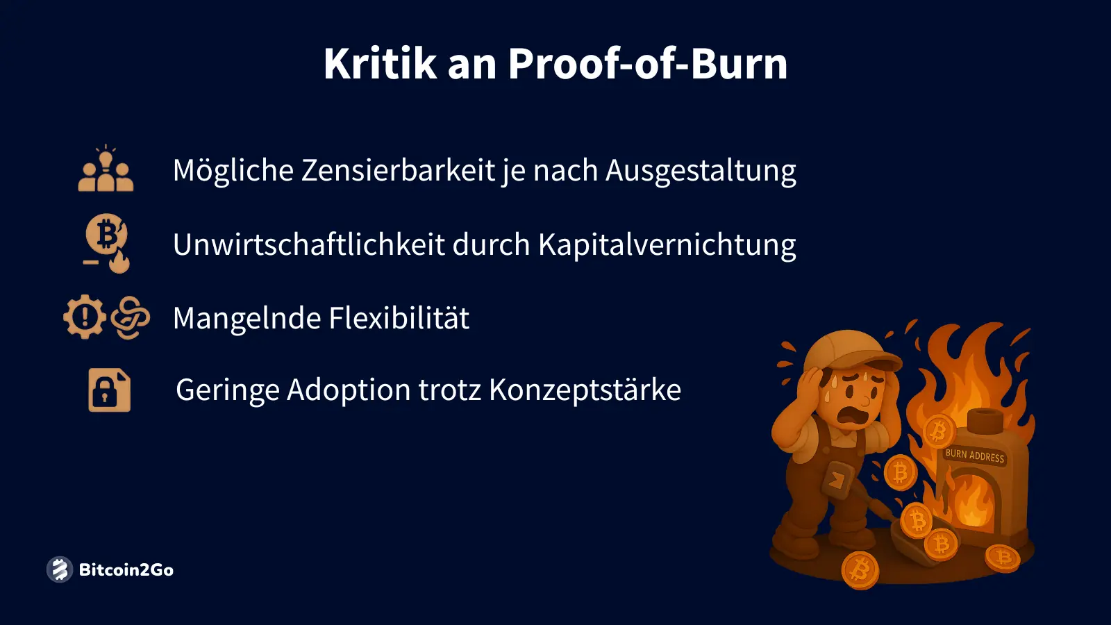Kritikpunkte mit Icons, z. B. Zensur und Kapitalvernichtung.