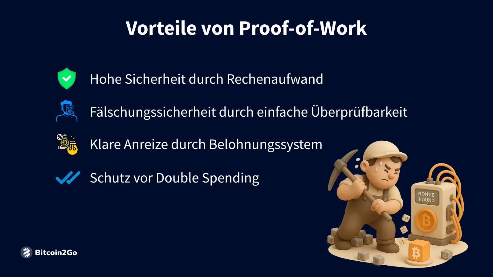 Vorteile des Proof-of-Work-Ansatzes: Sicherheit, Fälschungsschutz und Anreizsystem.