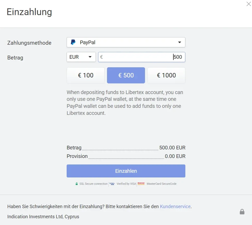 Anleitung zur Einzahlung von EUR bei Libertex
