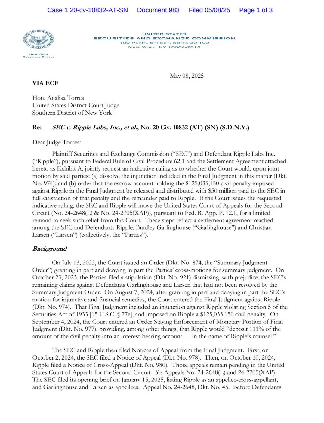 Vergleichsvereinbarung im Rechtsstreit Ripple gegen SEC, Quelle: X/@JackTheRippler