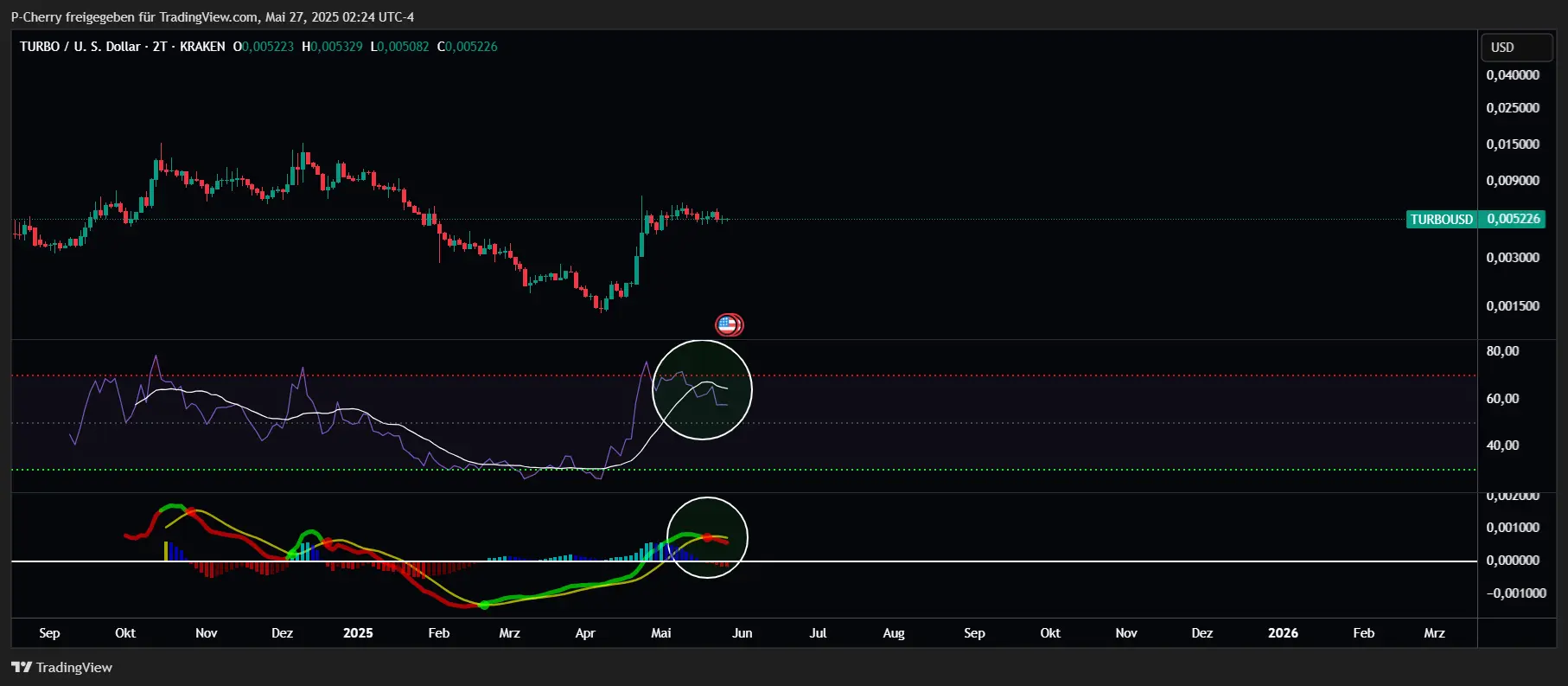 TURBO, RSI und MACD, 2-Tageschart, Quelle: Tradingview