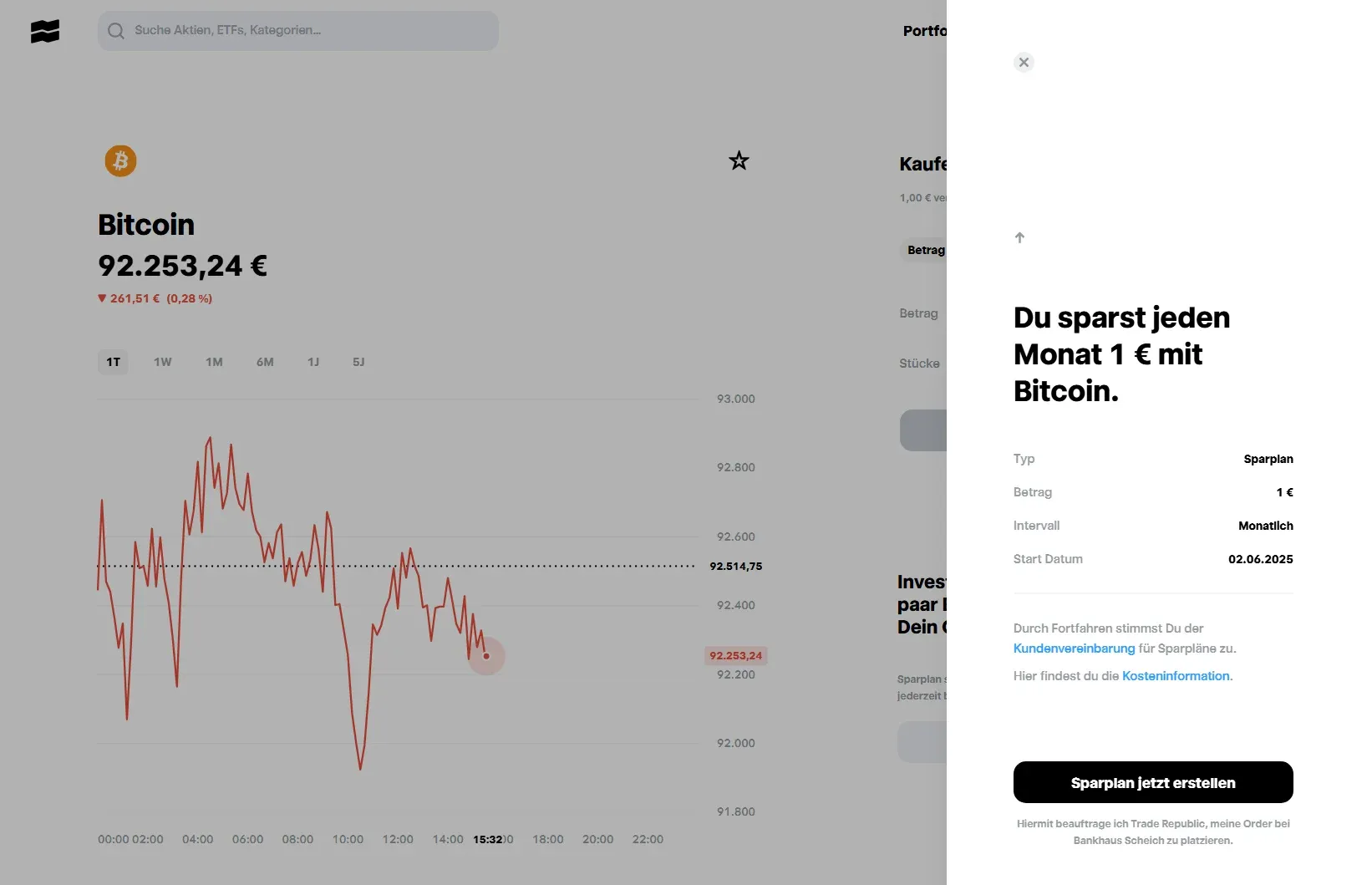 In meinem Test habe ich mich für einen Bitcoin Sparplan bei Trade Republic entschieden – Die Einrichtung ist einfach und kann per App oder in der Webversion erfolgen