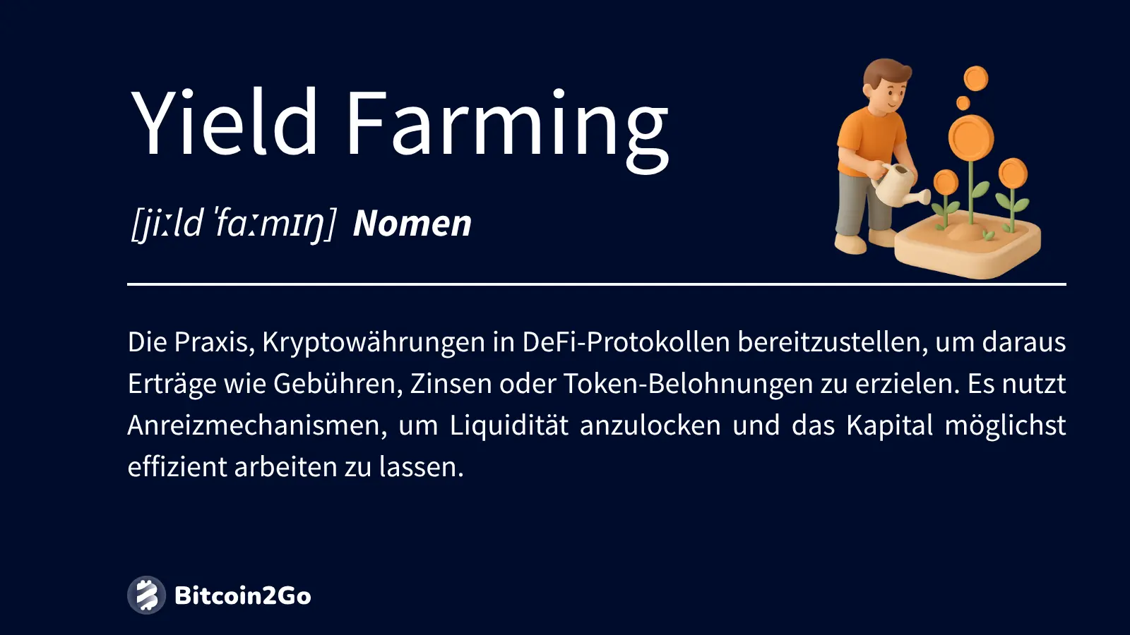 Definition Yield Farming mit Erklärung und Icon eines Bauern mit Münzpflanzen