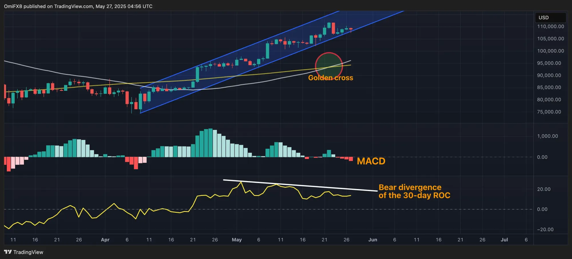 30-Tage-ROC zeigt bärische Divergenz. Quelle: TradingView